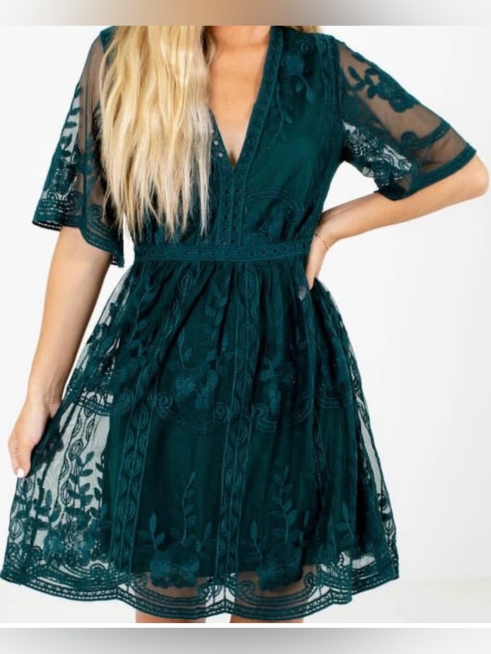 Bella Ella Boutique Forest Green Floral Lace Dress